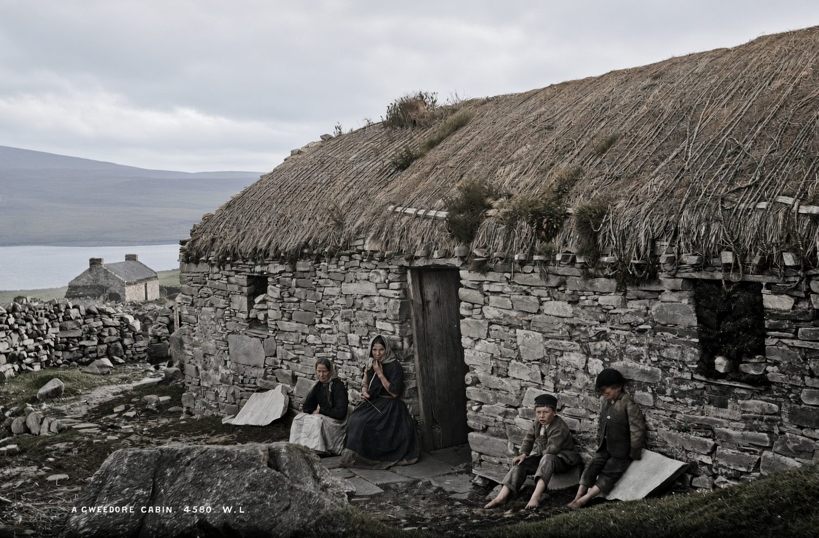 A low thatched stone cabin in Gweedore, County Donegal, with people at the door.